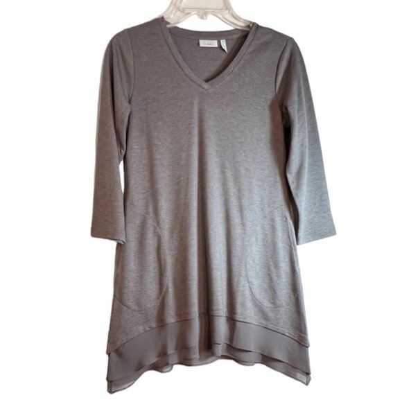 LOGO Lounge Taupe Tunic w/2 Front Pockets & 2-Tier Sheer Ruffle Hem, Size XXS - Picture 9 of 9